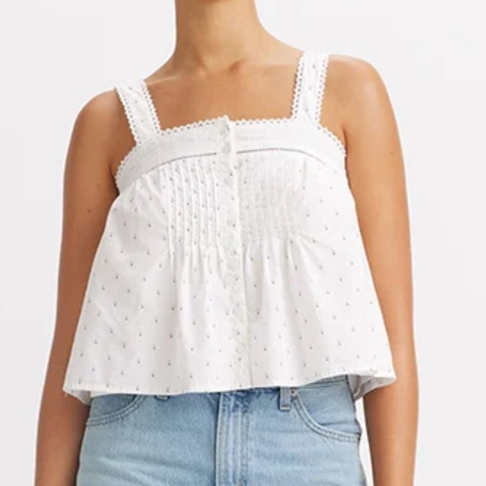 Levi’s San Francisco Cici White Blue Sleeveless Top Tee Shirt Buttons Lined  M
